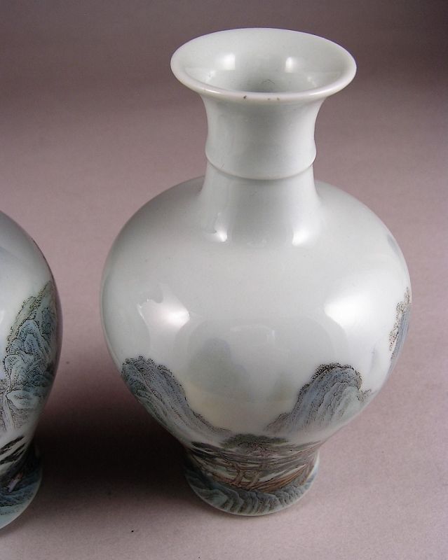 Very Fine  Rare Chinese Famille Rose Landscape Vase Pair