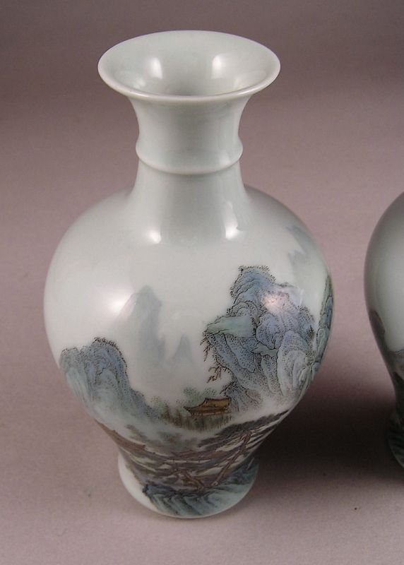 Very Fine  Rare Chinese Famille Rose Landscape Vase Pair