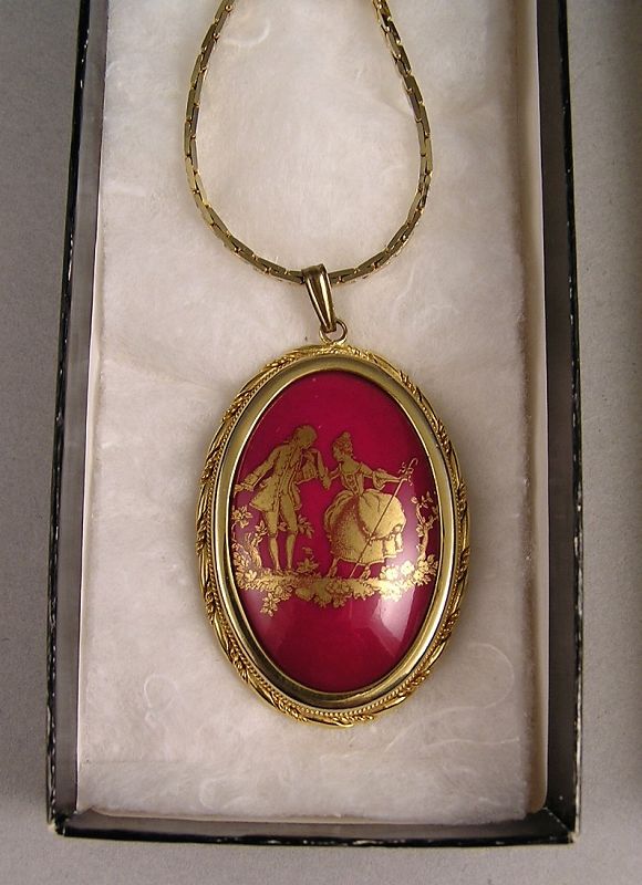 Beautiful French Porcelain Limoges Pendant and Necklace