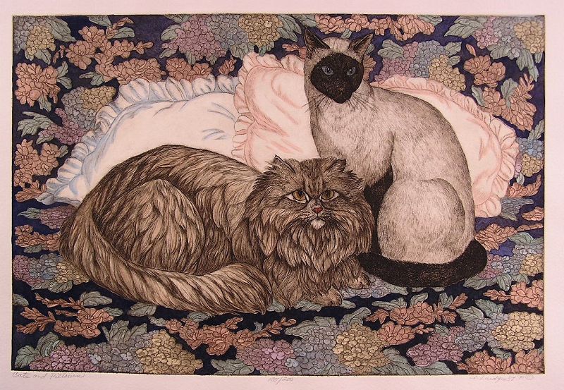 Fine Etching by D. Lundquist, Cat and Pillows, Limited Edition