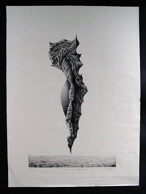 Classic Surrealist Monochrome Original Lithograph, 1970