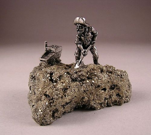 Rare Vintage Pewter Gold Miner on Pyrite