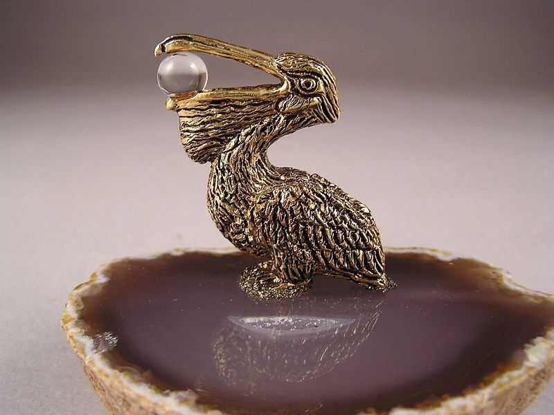 Rare Vintage Pewter Pelican Gold Plated w/Agata Stand