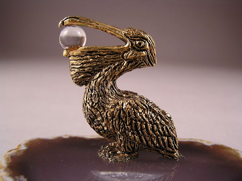 Rare Vintage Pewter Pelican Gold Plated w/Agata Stand