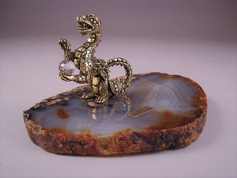 Rare Vintage Pewter Dragon w/24Kt Gold Plated on Agata base