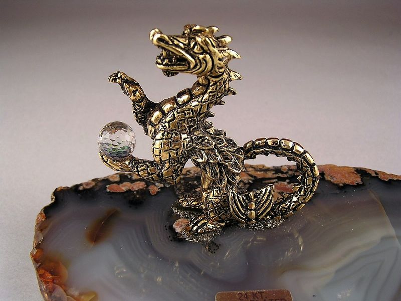 Rare Vintage Pewter Dragon w/24Kt Gold Plated on Agata base