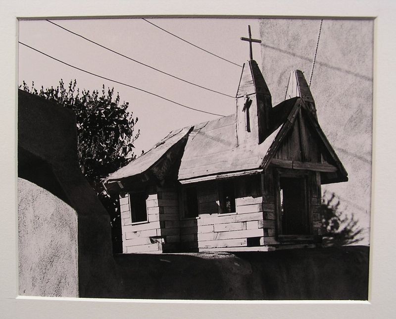 Fine Art Black and White Photograph with Miniature Church in Taos