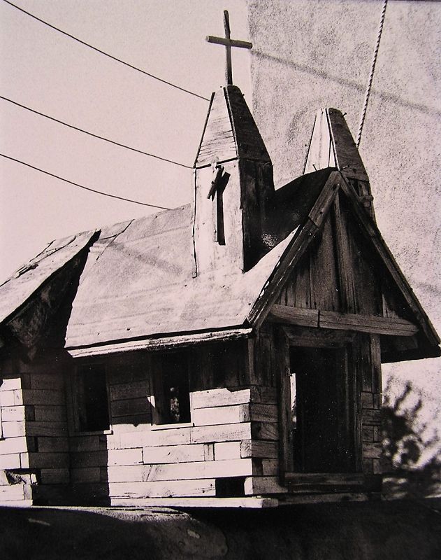 Fine Art Black and White Photograph with Miniature Church in Taos