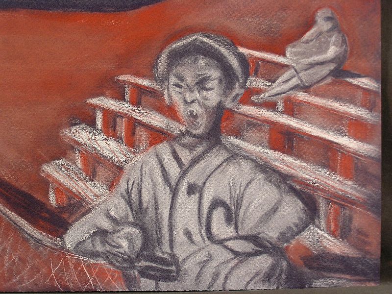 Original Pastel Painting, Boy and No.17, by E. Kawanabe, 1978.
