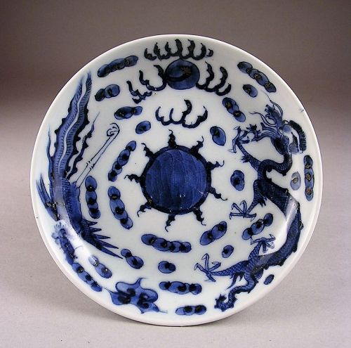Fine Japanese Ko Imari Porcelain BW Plate, Dragon/Ho-o Bird 19c