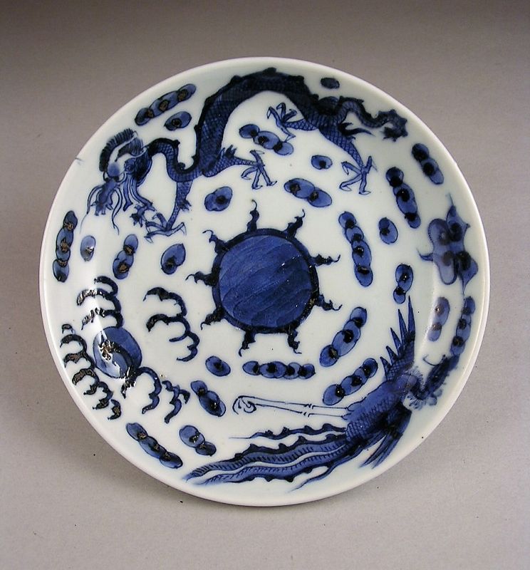 Fine Japanese Ko Imari Porcelain BW Plate, Dragon/Ho-o Bird 19c