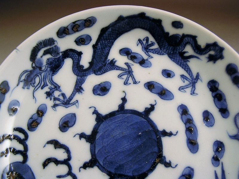 Fine Japanese Ko Imari Porcelain BW Plate, Dragon/Ho-o Bird 19c