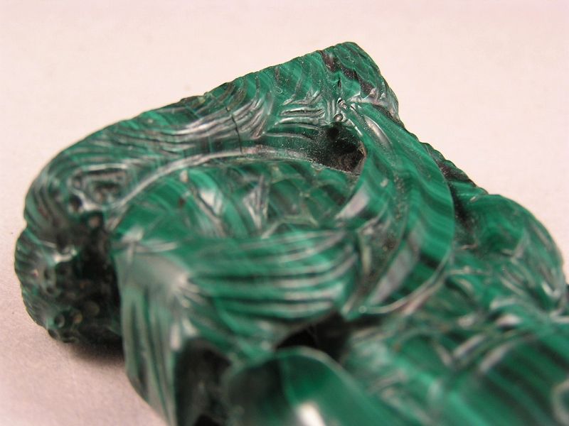 Finely Carved Chinese Malachite Snuff Bottle in Carp Water Fall Dsn