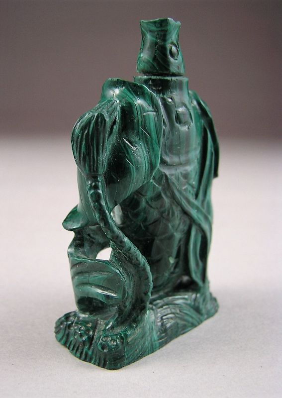 Finely Carved Chinese Malachite Snuff Bottle in Carp Water Fall Dsn