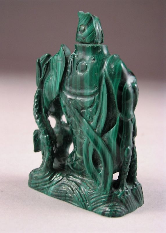 Finely Carved Chinese Malachite Snuff Bottle in Carp Water Fall Dsn