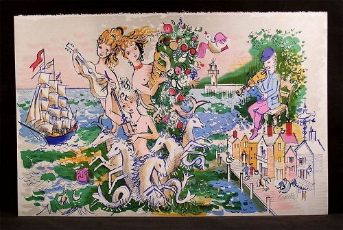 Original Lithograph Charles Cobelle Fiddler & Mermaid