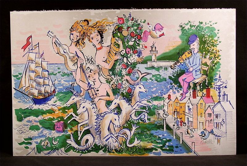 Original Lithograph Charles Cobelle Fiddler &amp; Mermaid