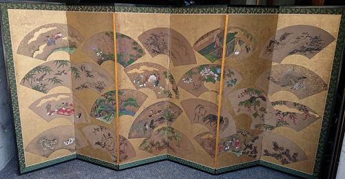 Fine Rare Japanese Byobu 6 Panels Screen w/Fans Painting Middle Edo