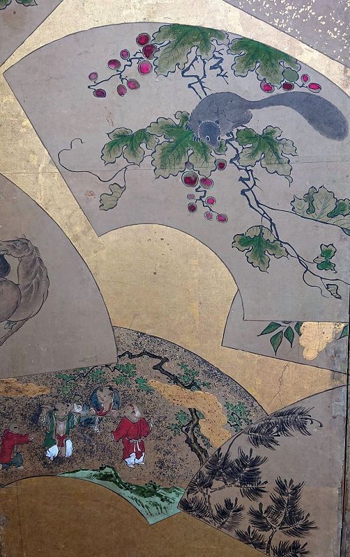 Fine Rare Japanese Byobu 6 Panels Screen w/Fans Painting Middle Edo