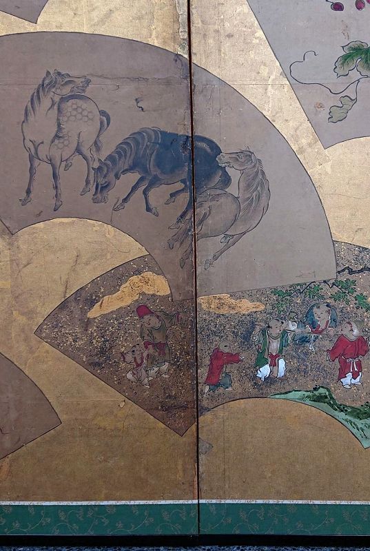 Fine Rare Japanese Byobu 6 Panels Screen w/Fans Painting Middle Edo