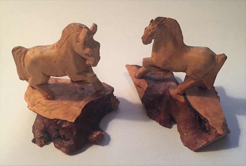 Finely Carved Vintage Miniature Wooden Horses Pair