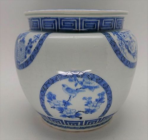 Fine Japanese Blue and White Porcelain Jar with Flowers 1800's