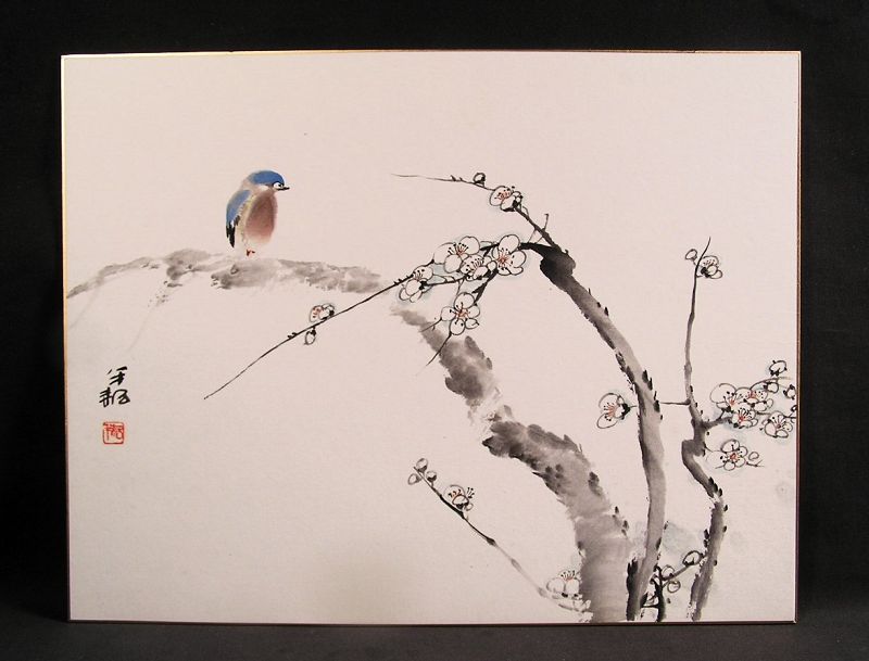 Finely painted Japanese Watercolor Painting w/Blue Bird on Plum Tree