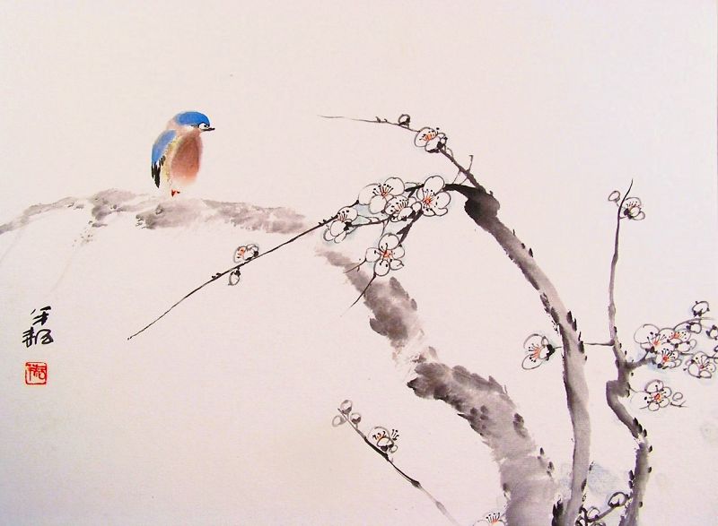 Finely painted Japanese Watercolor Painting w/Blue Bird on Plum Tree