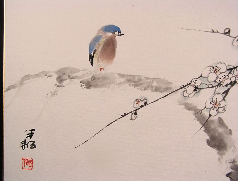 Finely painted Japanese Watercolor Painting w/Blue Bird on Plum Tree