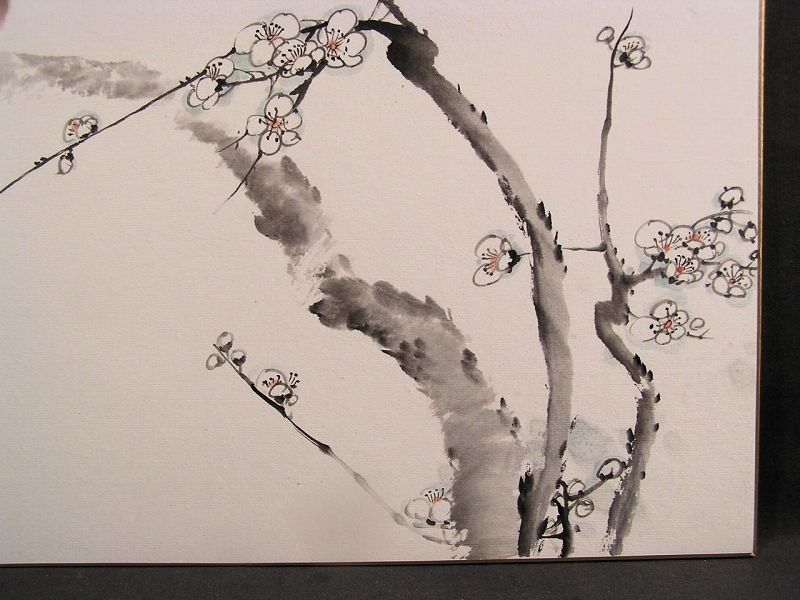 Finely painted Japanese Watercolor Painting w/Blue Bird on Plum Tree