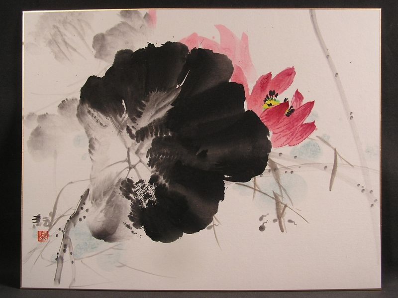 Boldly Painted Japanese Watercolor Painting Lotus Leaf &amp; Flower