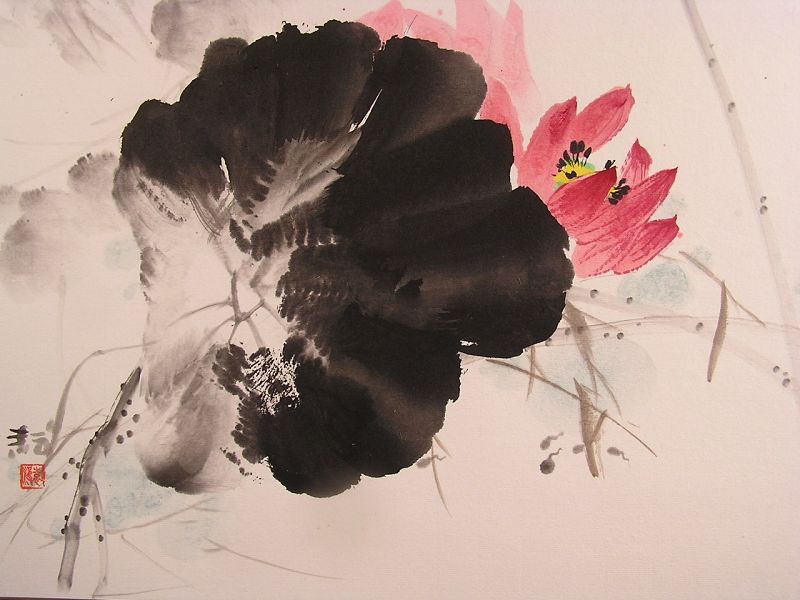 Boldly Painted Japanese Watercolor Painting Lotus Leaf &amp; Flower