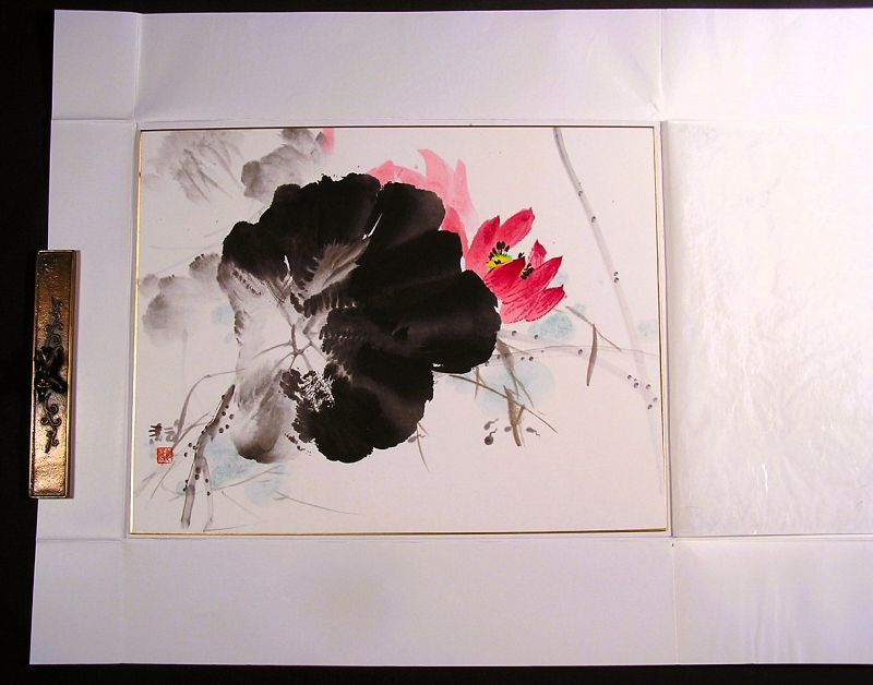 Boldly Painted Japanese Watercolor Painting Lotus Leaf &amp; Flower