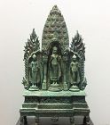 A Rare Fine Khmer Bayon Bronze Buddha Triad On Altar, Bayon 13th Cent