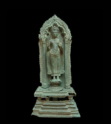 A Fine Khmer Bronze Buddha Standing On Altar, Lopburi Period 13th Cent