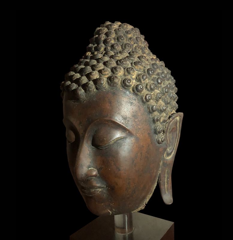 A Large Bronze Buddha Head, Thailand Late Sukhothai, 15th Century
