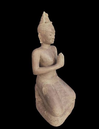 A Rare Khmer SandStone Figure Of A Goddess, Angkor Bayon Period 13th C