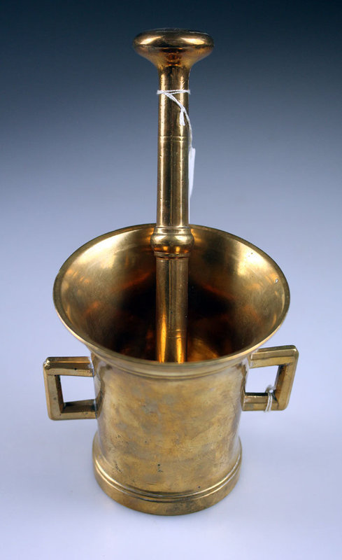 Early Danish brass mortar w royal monogram w pestle