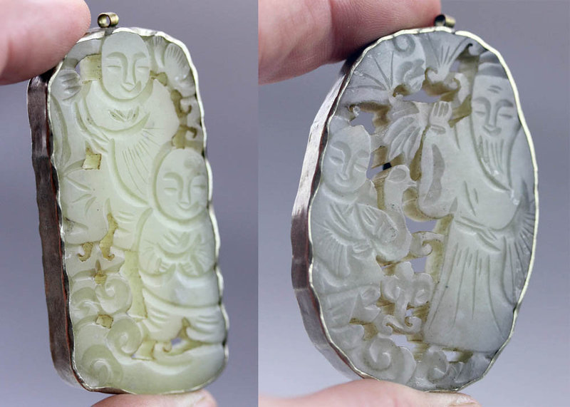 Pair of fine mounted Chinese jade carvings, 20th. century