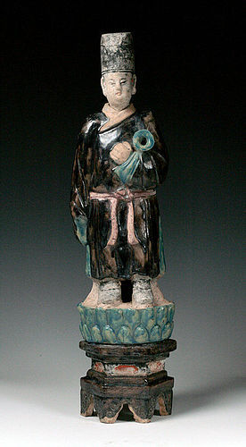 Superb XXL Chinese male Ming pottery figure on lotus throne!