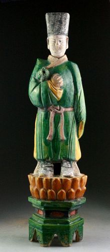 XL & decorative male Ming Dynasty pottery attendant on lotus throne!
