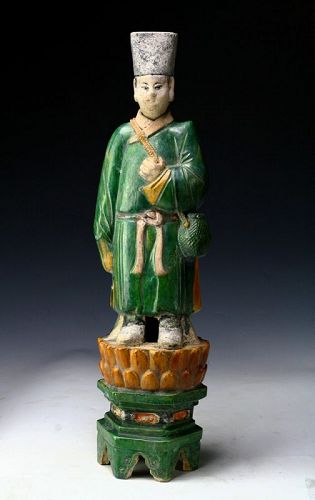 XL & superb male Ming Dynasty pottery attendant on lotus throne!