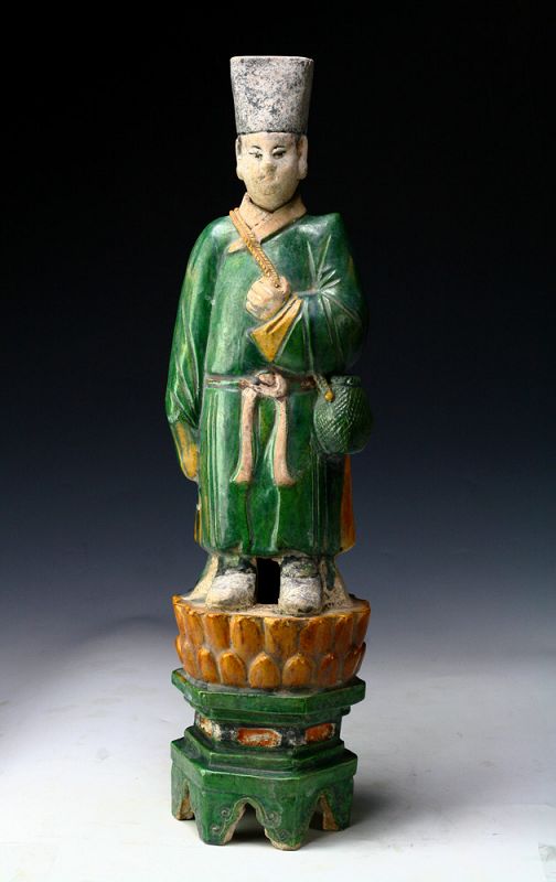 XL & superb male Ming Dynasty pottery attendant on lotus throne!