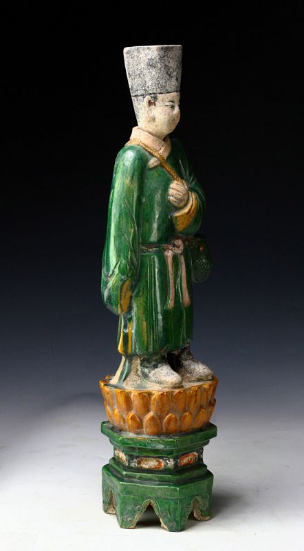XL &amp; superb male Ming Dynasty pottery attendant on lotus throne!