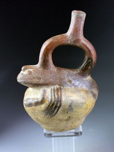 Rare Pre-Columbian Moche Peru pottery Stirrup vessel w Scorpio!