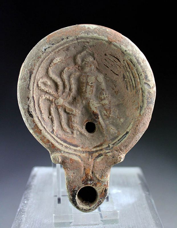Extremely rare early Roman terracotta Oil Lamp, Hercules & Hydra!