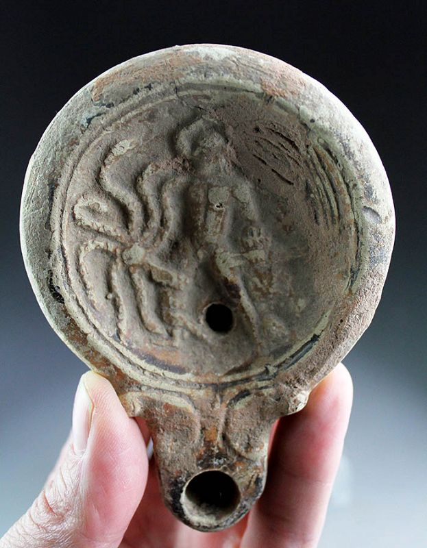 Extremely rare early Roman terracotta Oil Lamp, Hercules &amp; Hydra!