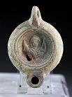 Rare Roman pottery oil lamp w makers mark and Juno on Crescent!
