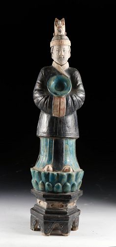 Large & superb female Ming Dynasty pottery attendant on lotus throne!