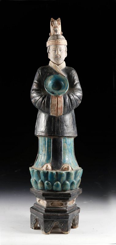 Large & superb female Ming Dynasty pottery attendant on lotus throne!